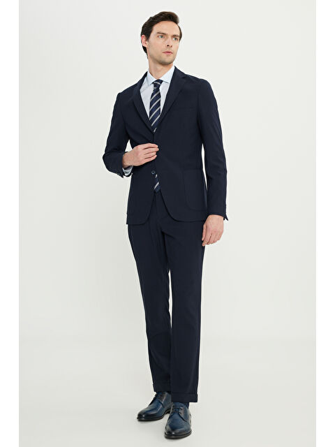 Altınyıldız Classics Erkek Lacivert Slim Fit Dar Kesim Mono Yaka Gofre Desenli Torba Cepli Takım Elbise - S000529722-21164