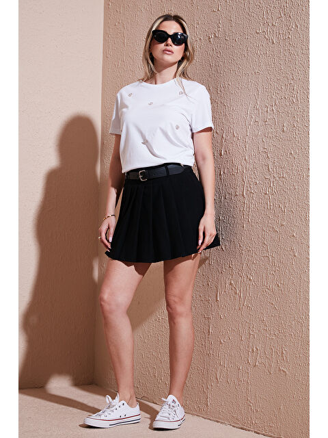 Lela Kemerli Pileli Regular Fit Yüksek Bel Şort Etek 5866292 - S000396473-19351