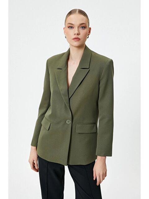 Saade Haki Kadın Tek Düğmeli Dokuma Kruvaze Blazer Ceket - Kuşaklı