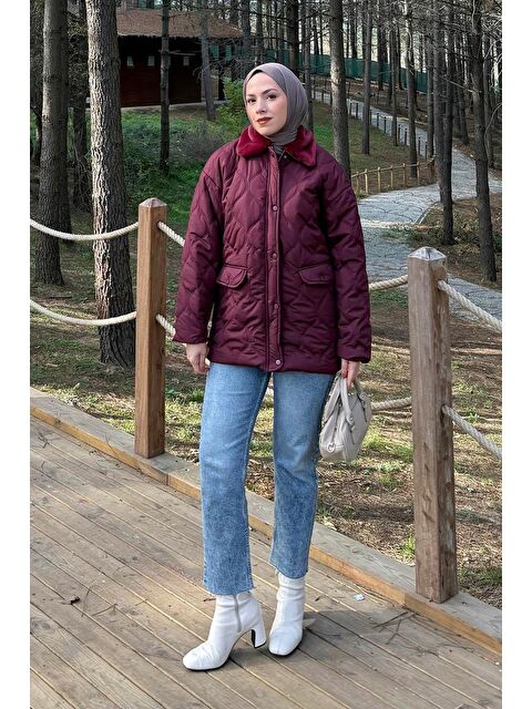 Lamelif Kürk Yaka Şişme Mont Bordo - S000518500-19951