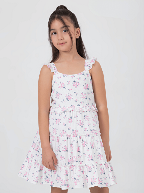 Luggi Baby Kare Yaka Çiçek Desenli Kız Çocuk Elbise