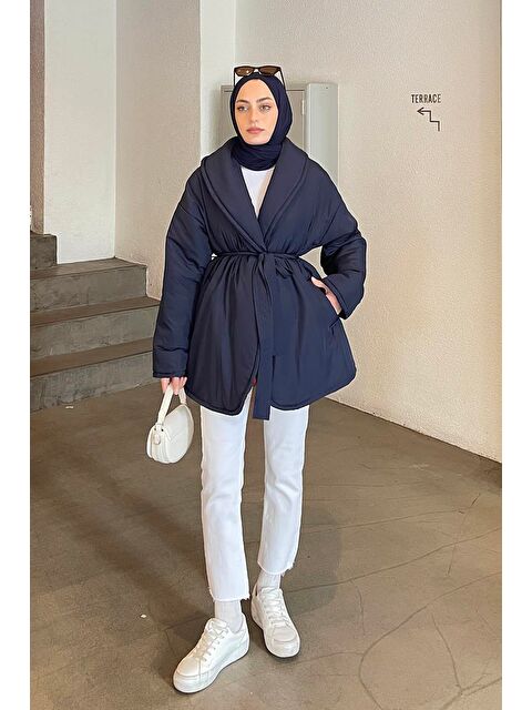 Lamelif Düz Kuşaklı Şişme Mont Lacivert - S000518501-21164