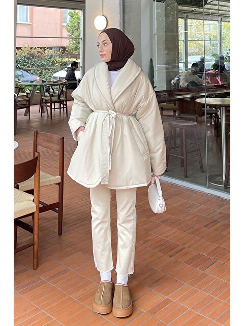 Lamelif Düz Kuşaklı Şişme Mont Bej - S000518501-19928