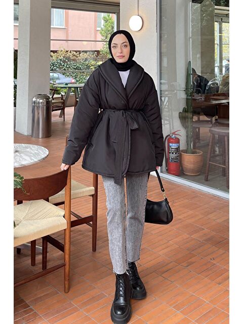 Lamelif Düz Kuşaklı Şişme Mont Siyah - S000518501-19351