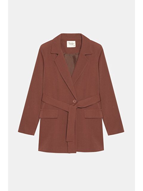 Saade Kahverengi Kadın Tek Düğmeli Dokuma Kruvaze Blazer Ceket - Kuşaklı