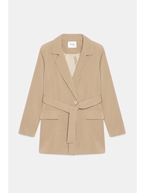 Saade Vizon Kadın Tek Düğmeli Dokuma Kruvaze Blazer Ceket - Kuşaklı