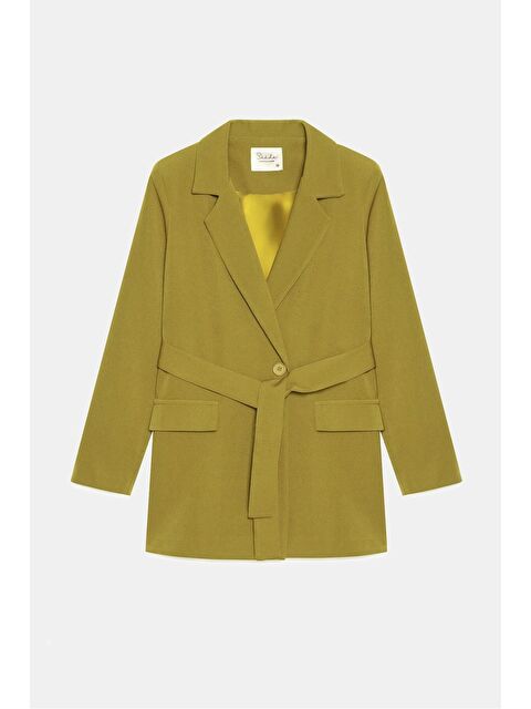 Saade Yağ Yeşili Kadın Tek Düğmeli Dokuma Kruvaze Blazer Ceket - Kuşaklı