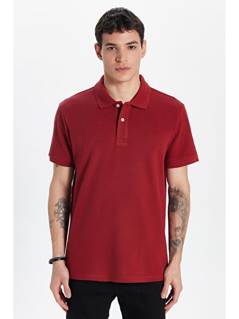TUDORS Erkek Slim Fit Dar Kesim %100 Pamuk Bordo Polo Yaka Tişört