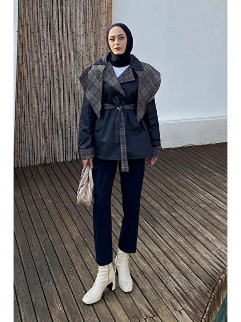 Lamelif Ekose Yaka Bağlama Detaylı Mont Lacivert - S000518504-21164