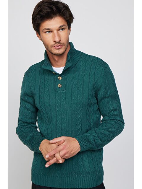 TUDORS Erkek Slim Fit Dar Kesim Yumuşak Dokulu Desenli Dik Yaka Düğmeli Triko Yeşil Kazak - S000314853-18194