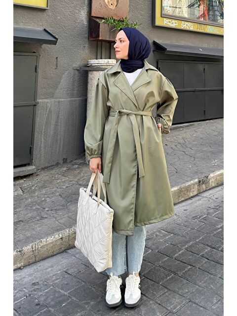Lamelif Kol Elastik Detaylı Trençkot Haki