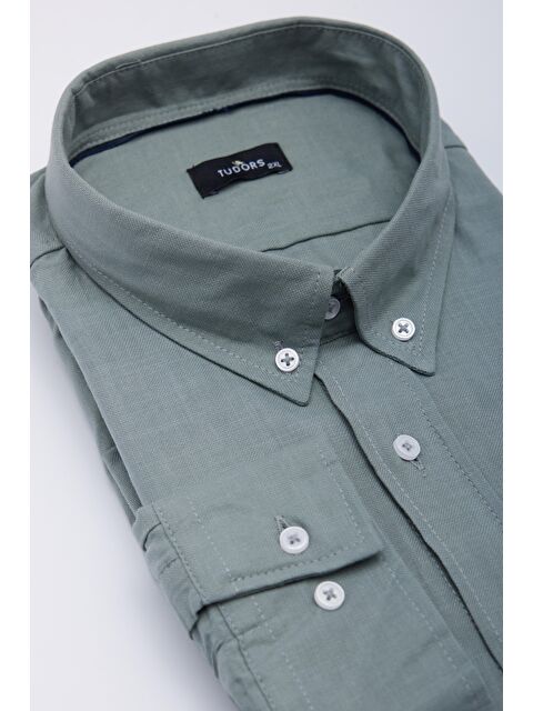 TUDORS Erkek Big Size Büyük Beden Uzun Kollu %100 Pamuk Keten Doku Tek Cepli Gri Düğmeli Yaka Gömlek