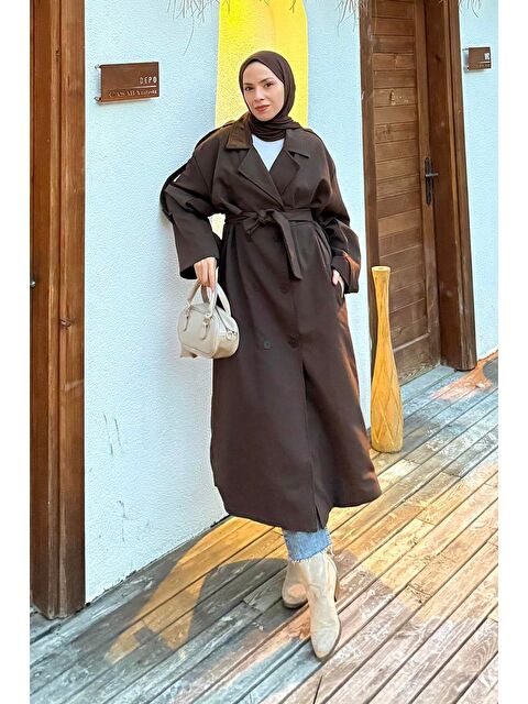 Lamelif Uzun Apoletli Trenç Kahverengi - S000518079-19413