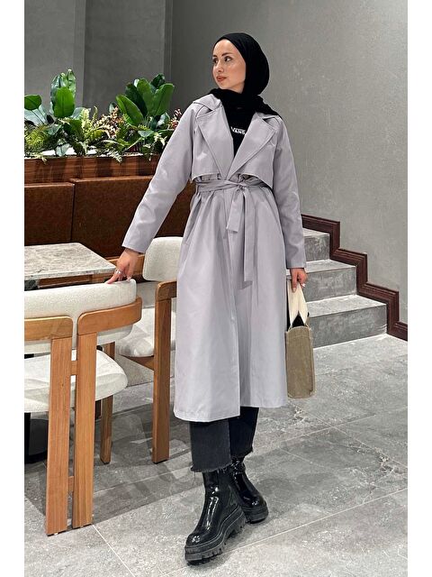 Lamelif Hector Çentik Yakalı Trençkot Gri - S000518507-20600