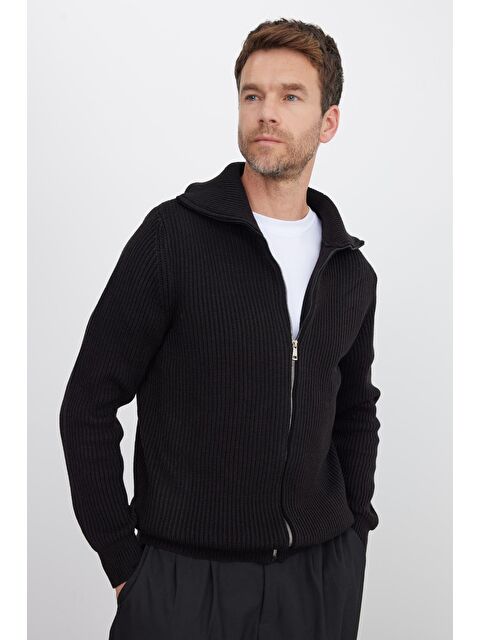 TUDORS Erkek Slim Fit Dik Yaka Fermuarlı Siyah Düz Hırka - S000519882-19351