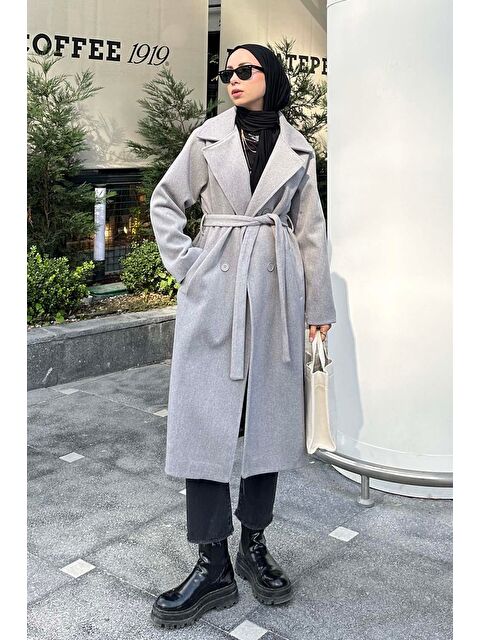 Lamelif Kuşaklı Fileto Cepli Kaşe Kaban Gri - S000518508-20600