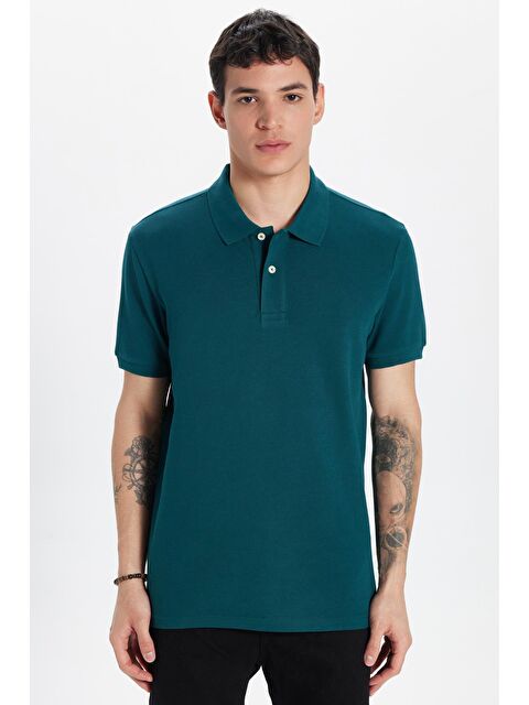 TUDORS Erkek Slim Fit Dar Kesim %100 Pamuk Yeşil Polo Yaka Tişört