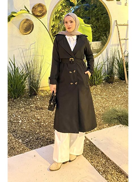 Lamelif Kuşaklı Omuz Apoletli Trençkot Siyah - S000518509-19351