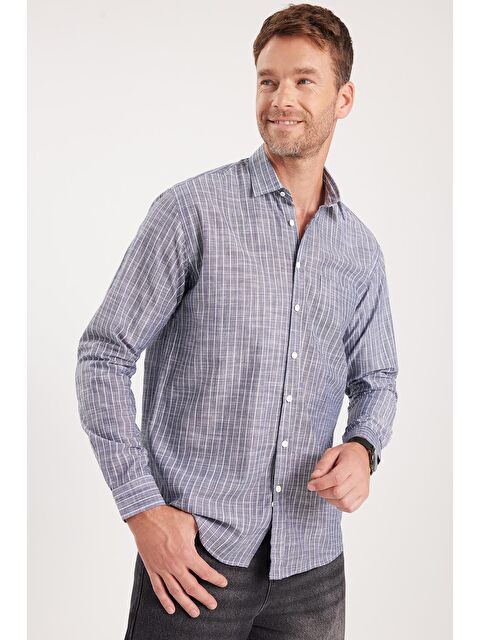 TUDORS Erkek Regular Fit Klasik Kesim Uzun Kollu %100 Pamuk Keten Doku Tek Cepli Füme Çizgili Gömlek - S000519883-29351