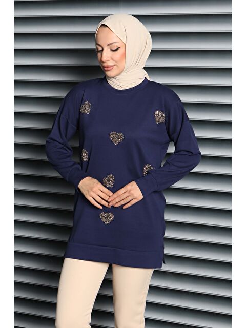Tofisa Kalp Taşlı İşlemeli Modal Tunik Lacivert - 27875-LACIVERT - S000463298-21164