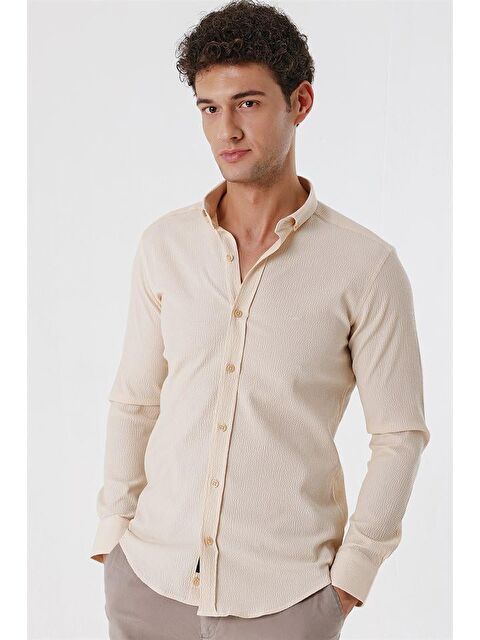 İMZA Açık Bej Uzun Kollu Gofreli Cepsiz Pamuklu Elastanlı Klasik Slim Fit Dar Kesim Gömlek 1004230178 - S000348108-19927