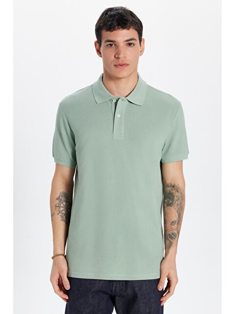 TUDORS Erkek Slim Fit Dar Kesim %100 Pamuk Yeşil Polo Yaka Tişört