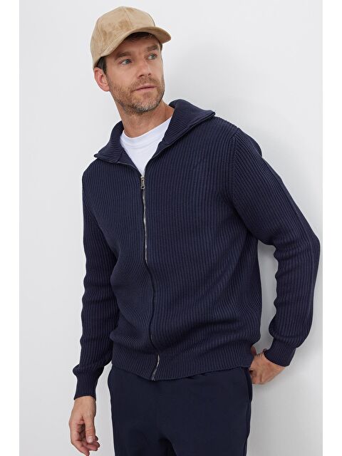 TUDORS Erkek Slim Fit Dik Yaka Fermuarlı Lacivert Düz Hırka - S000519885-21164