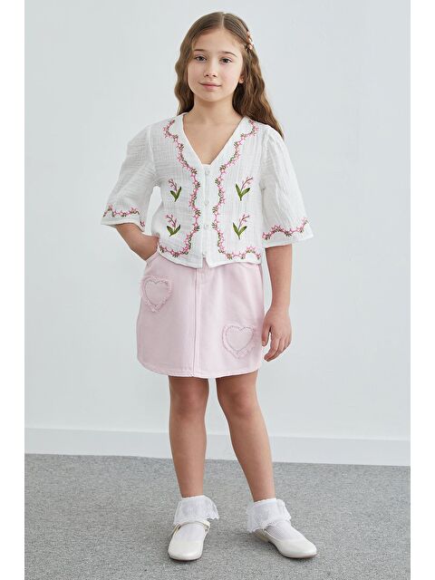 Fullamoda %100 Pamuk Çiçek Nakışlı Müslin Kumaş Kız Çocuk Gömlek - S000518510-20063