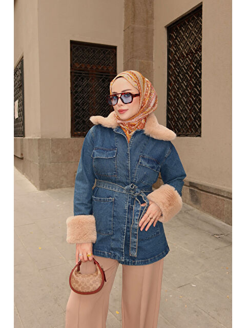 Locco Moda Kadın Yaka Kürk Detay Jean Ceket Koyu Mavi - S000450607-19393