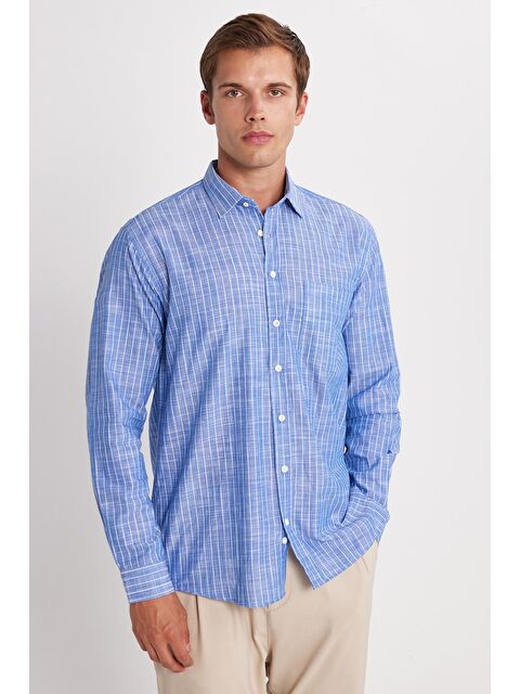 TUDORS Erkek Regular Fit Klasik Kesim Uzun Kollu %100 Pamuk Keten Doku Tek Cepli Lacivert Çizgili Gömlek - S000519888-21164