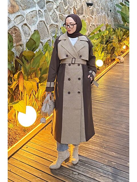 Lamelif Ekoseli Reglan Trençkot Acı Kahverengi
