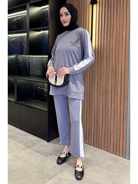 Julude Büyük Beden Renk Garnili Taş İşlemeli Tunik Pantolon Tesettür İkili Takım - S000386629-20600