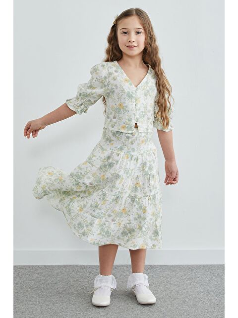 Fullamoda Çiçek Desenli Kolu Gipeli Kız Çocuk Etekli  2 Li Takım - S000518512-18194