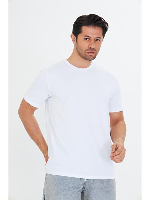 TRENDHILL Erkek Pamuklu Bisiklet Yaka Tişört Beyaz 5014-B - S000526655-20063