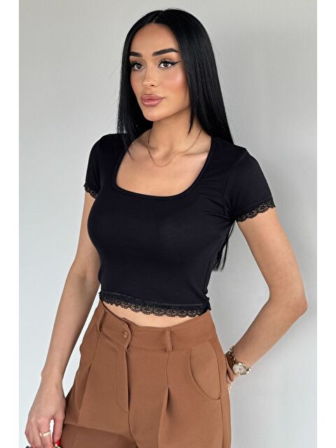 Gülseli Kadın Dantel Detaylı Elastanlı Crop Top Bluz