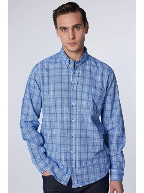 TUDORS Erkek Regular Fit Klasik Kesim %100 Pamuk Keten Doku Tek Cepli Kareli Düğmeli Yaka Gömlek