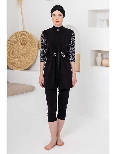 Adasea UV Korumalı Truvakar Kollu Taytlı Spor Elastan Yarı Kapalı Mayo 1603 Siyah02