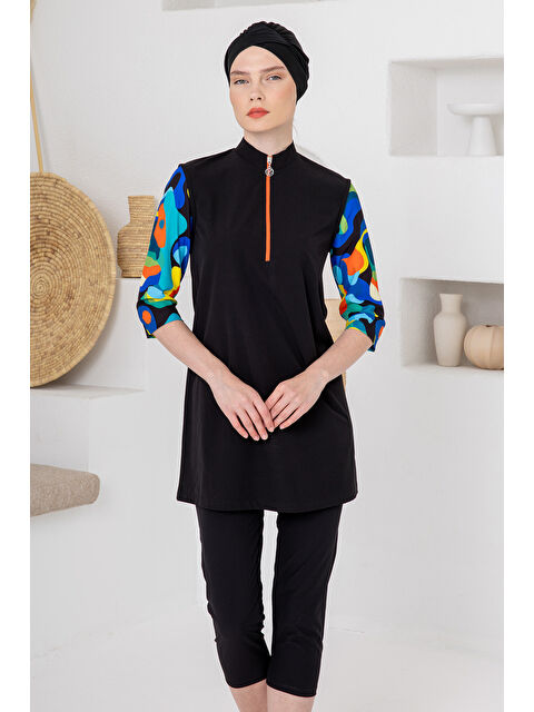 Adasea UV Korumalı Truvakar Kollu Taytlı Spor Elastan Yarı Kapalı Mayo 1606 Siyah03