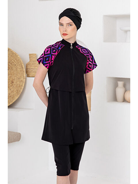 Adasea UV Korumalı Spor Elastan Kısa Kol Yarı Kapalı Tesettür Mayo 1607 Siyah04