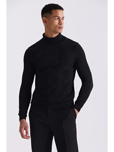 JAKAMEN Siyah Slim Fit Tam Balıkçı Yaka Desenli Triko Kazak - S000495768-19351