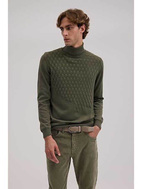 JAKAMEN Haki Slim Fit Desenli Tam Balıkçı Yaka Triko - S000495770-18547