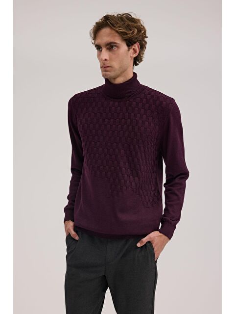 JAKAMEN Mor Slim Fit Desenli Tam Balıkçı Yaka Triko - S000495770-20042