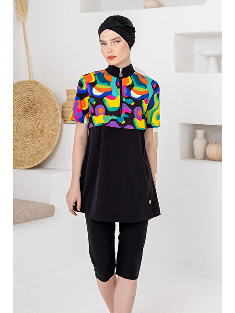 Adasea UV Korumalı Spor Elastan Kısa Kol Yarı Kapalı Tesettür Mayo 1609 Siyah