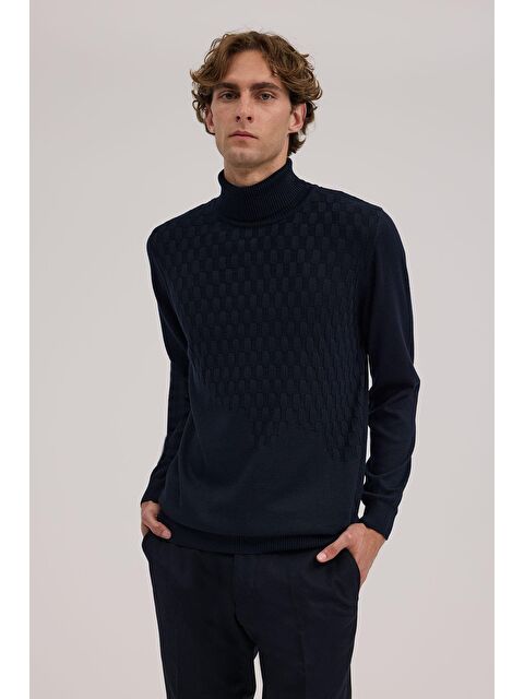 JAKAMEN Lacivert Slim Fit Desenli Tam Balıkçı Yaka Triko - S000495770-21164