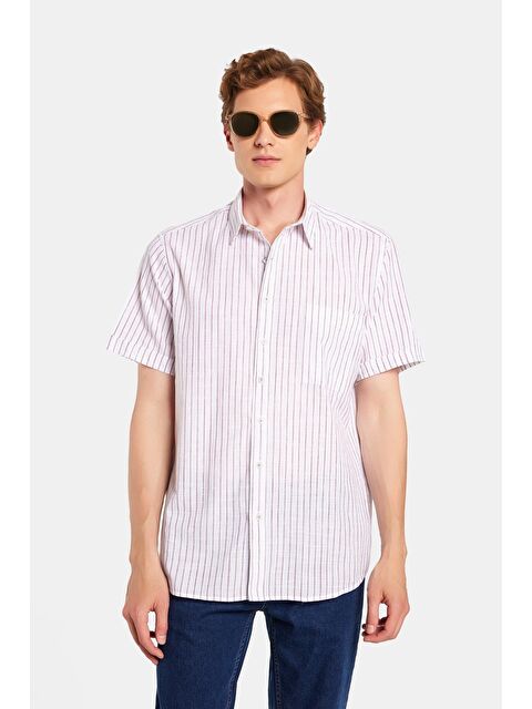 TUDORS Erkek Regular Fit Klasik Kesim %100 Pamuk Kısa Kollu Keten Doku Tek Cep Çizgili Gömlek - S000519896-19951