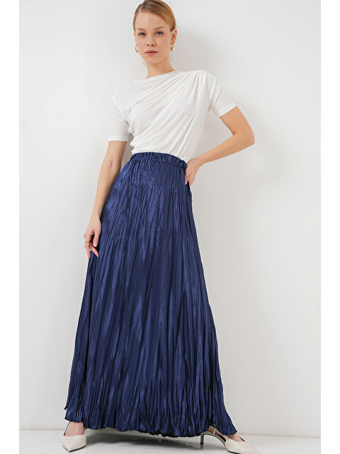 Bigdart Kadın Uzun Kırışık Parlak Etek 8034 - D.Lacivert - S000360172-37355