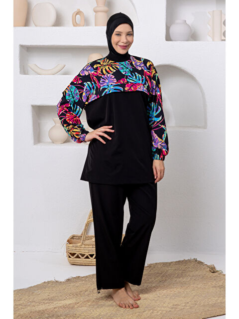 Adasea Büyük Beden UV Korumalı Spor Elastan Tam Kapalı Tesettür Mayo 1809 Siyah