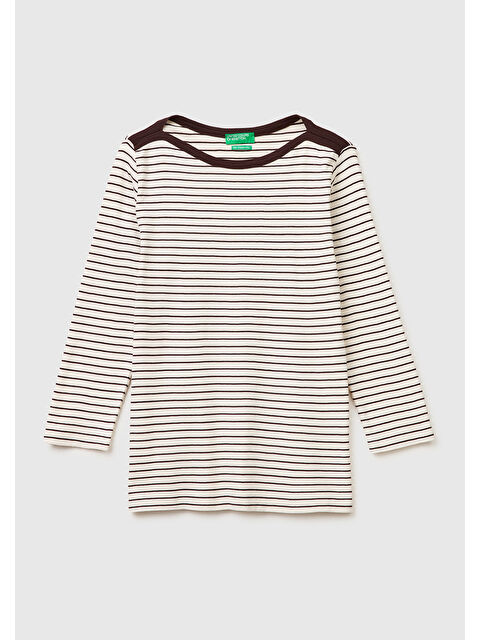 United Colors Of Benetton Kadın Bej %100 Pamuk Çizgili Kayık Yaka Sweatshirt - S000517679-19928