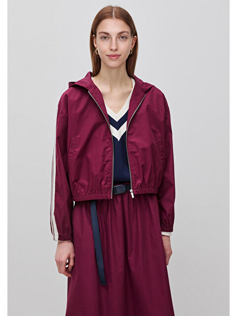 United Colors Of Benetton Kadın Bordo %100 Pamuk Şeritli Fermuarlı Kapüşonlu Kanvas Ceket - S000517683-19951