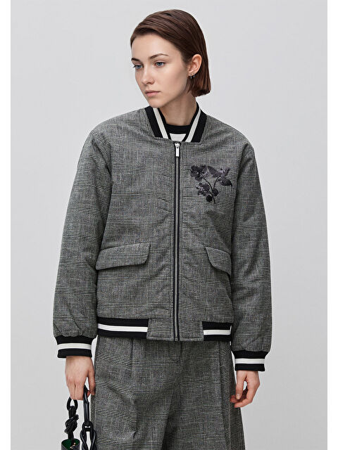 United Colors Of Benetton Kadın Gri Pamuk Karışımlı Ekose Desenli Önü İşlemeli Bomber Ceket - S000517681-20600